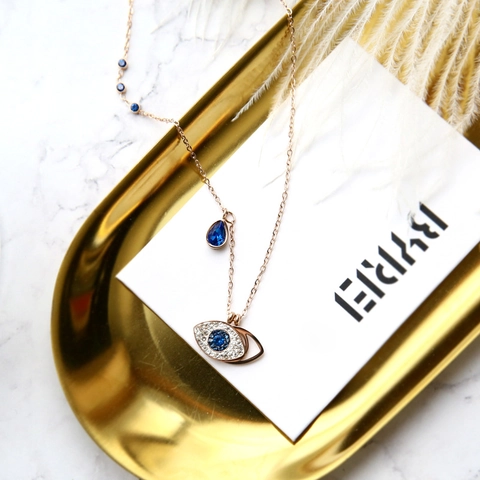 Collana Con Ciondolo Malocchio Acciaio Al Titanio Placcato Oro Rosa Zirconia Blu Bianco Gioielli Per Donna