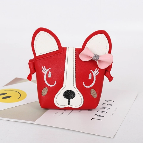 Cute Dog Cartoon Kids Shoulder Bag PU Leather Mini Crossbody Coin Purse With Bow Embroidery For Toddler Girls Gift