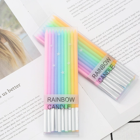 Candele Di Compleanno Arcobaleno Lunghe Sottili Cera Di Paraffina Decorazione Per Torte Festa Motivo A Stelle Con Base Argentata