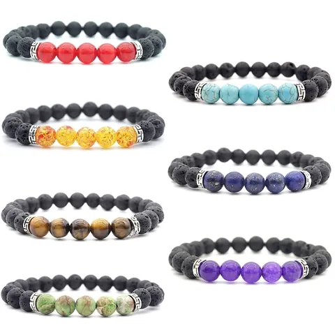 Lava Stone Beaded Bracelet Natural Gemstone Tiger Eye Turquoise Colorful Beads Alloy Spacer Elastic Jewelry Unisex