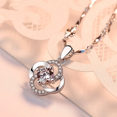 Clover Pendant Necklace Cupronickel White Gold Plated Sparkling Cubic Zirconia Swirl Design Minimalist Elegant Jewelry