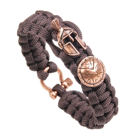 Pulsera De Paracord Trenzado Con Casco Espartano Escudo Accesorios De Cobre Cierre Grillete U Militar Hombre