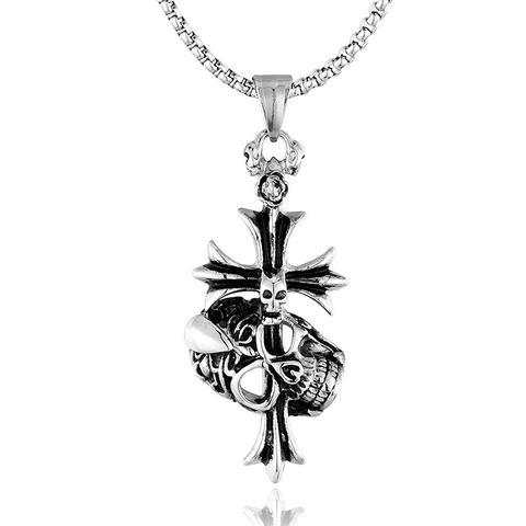 Collana con Pendente a Croce e Teschio in Acciaio al Titanio Vintage per Uomo Stile Gothic Punk Rock Ciondolo in Metallo