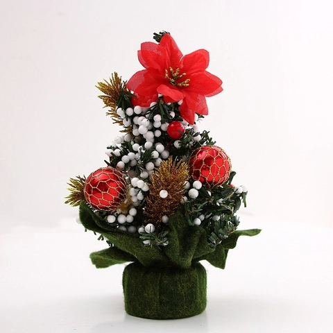 Artificial Mini Christmas Tree Decoration Desktop Ornament Snow Tipped Pine With Poinsettia Flower Bows And Balls PVC Cloth