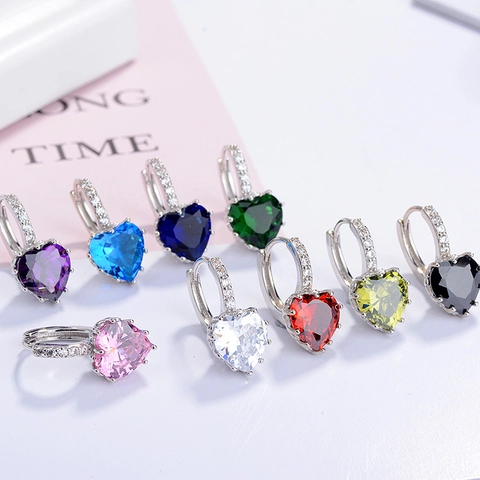 Heart Shaped Zircon Hoop Earrings Copper Silver Plated Elegant Fashion Jewelry Women