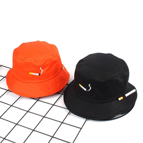 Bucket Hat Baumwolle Zigaretten Stickerei NO CHILL 3D Anhänger Streetwear Unisex Fischerhut