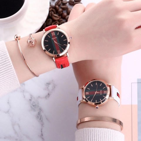 Retro Women Fashion Quartz Watch Alloy Case Faux Leather Strap Red Green Stripes Roman Numerals Analog Display Trendy