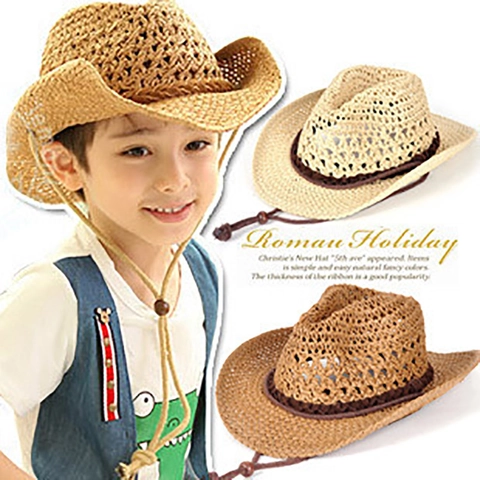 Kids Adult Straw Cowboy Hat Woven Hollow Breathable Wide Brim Sun Protection Summer Beach Western Style With Windproof Rope
