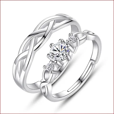 Anillos De Pareja De Cobre Chapado En Oro Blanco Con Circón Diseño Trenzado Anillo Abierto Ajustable