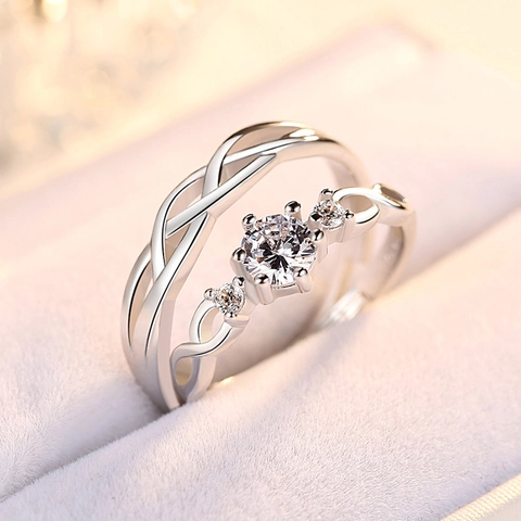 Anillos De Pareja De Cobre Chapado En Oro Blanco Con Circón Diseño Trenzado Anillo Abierto Ajustable