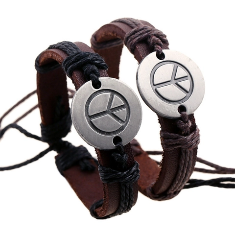 Bracelet En Cuir De Vachette Vintage Avec Charme Signe De La Paix En Alliage Cordon Tressé À La Main Ajustable Style Punk