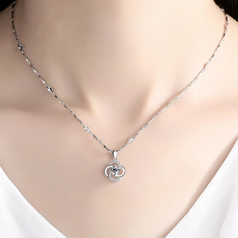 Clover Pendant Necklace Cupronickel White Gold Plated Sparkling Cubic Zirconia Swirl Design Minimalist Elegant Jewelry