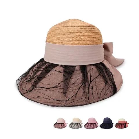 Damen Sonnenhut Breite Krempe Stroh Geflochten Mit Netzschleier Und Schleife Sommer Strand Elegant Vintage Atmungsaktiv