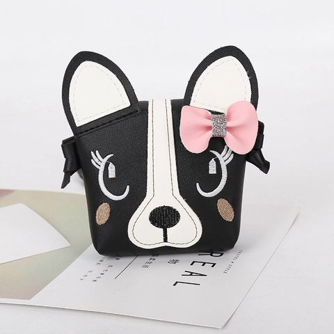 Cute Dog Cartoon Kids Shoulder Bag PU Leather Mini Crossbody Coin Purse With Bow Embroidery For Toddler Girls Gift