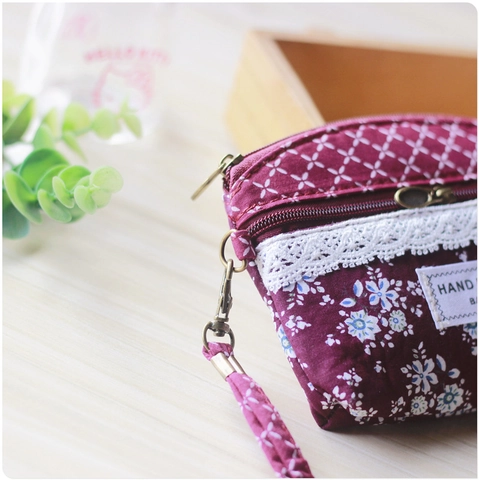 Small Coin Purse Fabric Pouch Zipper Wallet With Hand Strap Lace Floral Checkered Pattern Portable Wristlet For Women