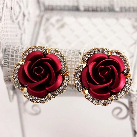 Rose Flower Stud Earrings Alloy Rhinestone With Stainless Steel Earring Post Elegant Floral Jewelry For Women