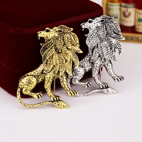 Vintage Lion Head Alloy Brooch For Men Women Antique Gold Silver Leaf Mane Animal Pin Suit Lapel Decoration Jewelry
