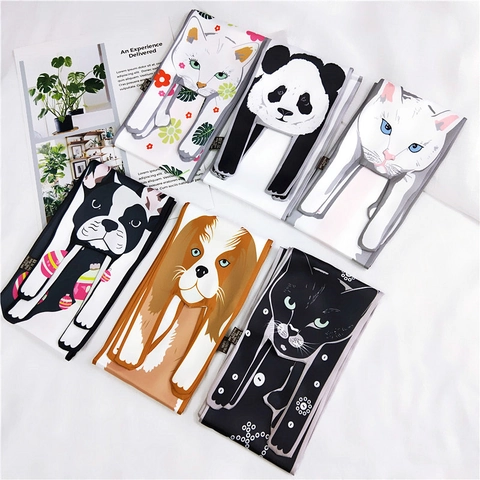 Cartoon Dierenprint Lange Smalle Sjaal Polyester Satijn Nekband Voor Dames Schattige Kat Hond Panda Veelzijdige Haaraccessoire