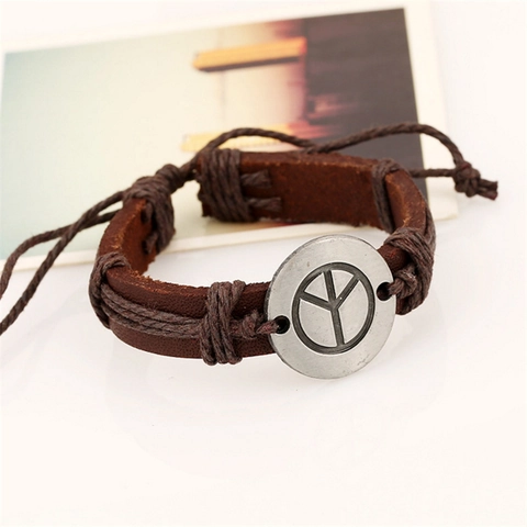Bracelet En Cuir De Vachette Vintage Avec Charme Signe De La Paix En Alliage Cordon Tressé À La Main Ajustable Style Punk