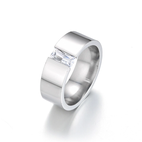 Minimalist Wide Band Ring Stainless Steel With Baguette Zircon Tension Setting Polished Modern Jewelry For Men Women