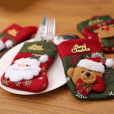 Soporte Para Cubiertos De Calcetín De Navidad Bolsa De Vajilla De Tela No Tejida Papá Noel Muñeco De Nieve Reno Oso Decoración De Dibujos Animados Ornamento Colgante