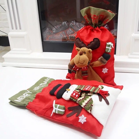 Grandi Sacchetti Regalo Di Natale Tessuto Lino Bambole Peluche Babbo Natale Pupazzo Di Neve Renna Sacchi Coulisse Festivo