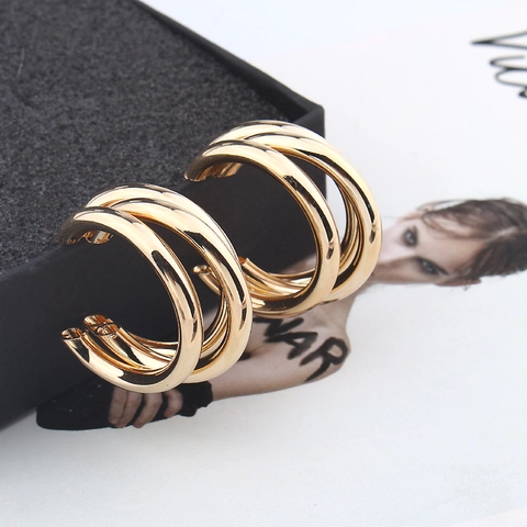Triple Layered Hoop Earrings With Silver Earring Post Geometric C Shaped Metal Polished Chic Jewelry For Women
