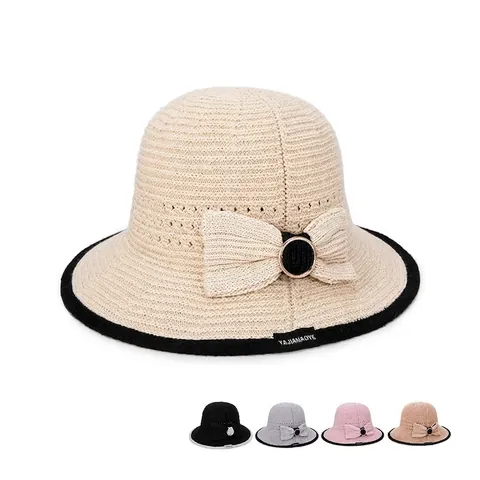 Cappello Da Sole Donna Maglia Cotone Traspirante Fiocco Pieghevole Tesa Larga Spiaggia Cappello Pescatore Estate