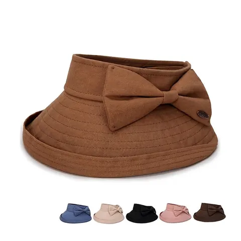 Women Empty Top Sun Hat Cotton Wide Brim Big Bowknot Adjustable Foldable Summer Beach Sunscreen Visor Hat Elegant