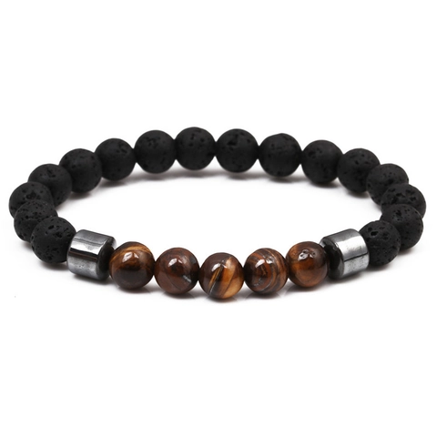 Minimalist Natural Tiger Eye White Turquoise Lava Stone Beaded Bracelet Elastic Hematite Metal Bead Energy Healing Unisex Jewelry