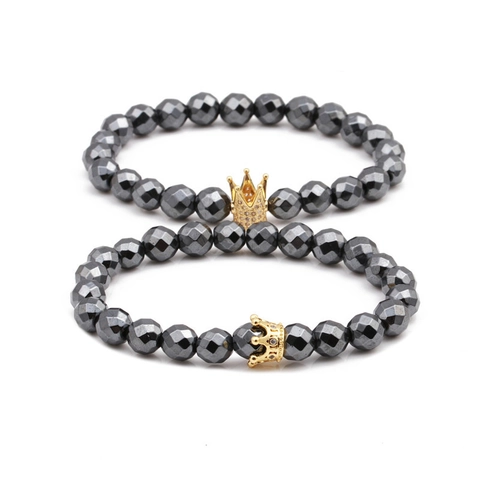 Bracciale Di Perle In Pietra Naturale Con Corona Di Zirconi In Lega Ematite Sfaccettata Gioiello Elastico Per Uomo E Donna