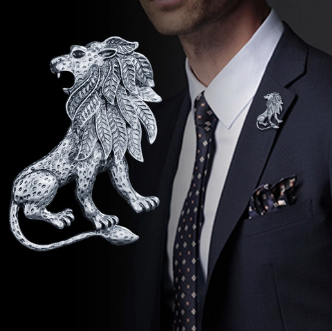 Vintage Lion Head Alloy Brooch For Men Women Antique Gold Silver Leaf Mane Animal Pin Suit Lapel Decoration Jewelry