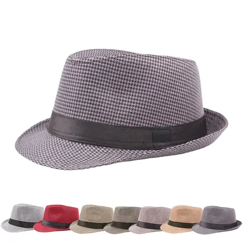 Vintage Houndstooth Fedora Hat British Style Cotton Polyester Jazz Cap With Black Ribbon Band For Unisex Casual Travel
