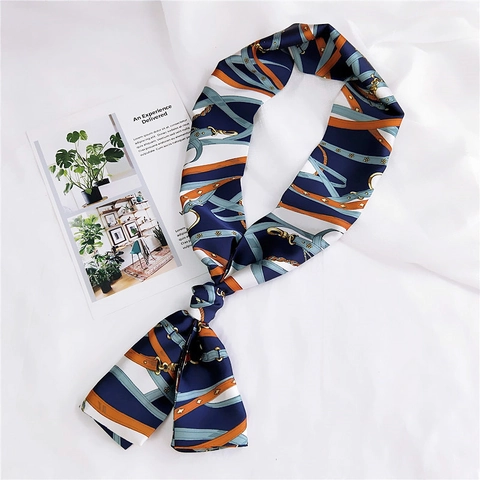 Sciarpa Lunga Sottile Raso Raso Come Nastro Collo Retro Catena Morso Cavallo Stampa Manico Borsa Avvolgere Cravatta Capelli Donne