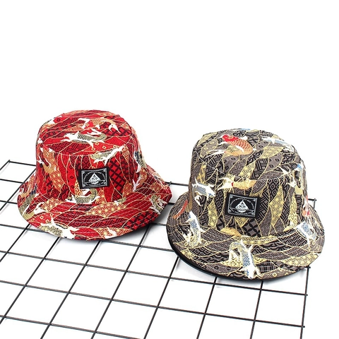 Chapeau Bob Réversible Motif Japonais Ukiyo-e Coton Broderie Streetwear Casquette Solaire Unisexe