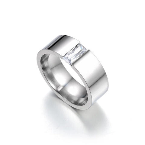Minimalist Wide Band Ring Stainless Steel With Baguette Zircon Tension Setting Polished Modern Jewelry For Men Women