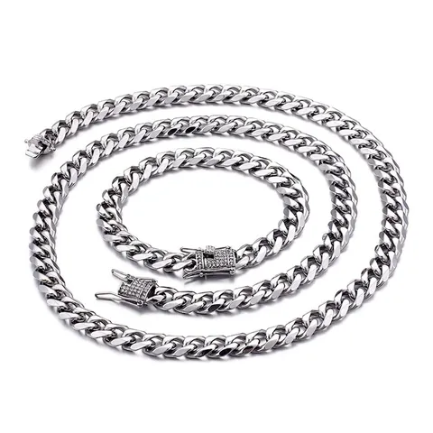 Collana E Bracciale Catena Cubana Hip Hop Punk Gioielli In Acciaio Inossidabile Titanio Lucidato Chiusura Zircone Uomo