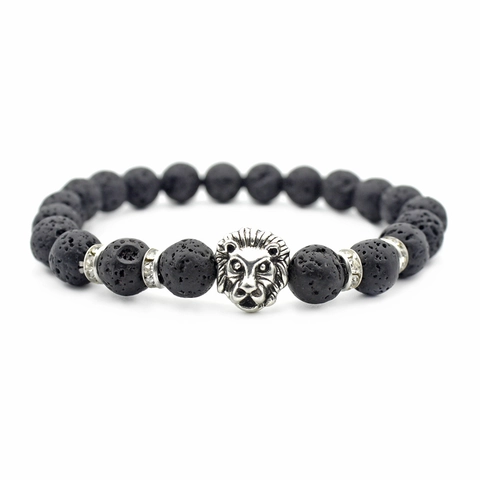 Men Beaded Bracelet With Lava Stone Alloy Lion Head And Rhinestone Spacers Hip Hop Punk Style Jewelry