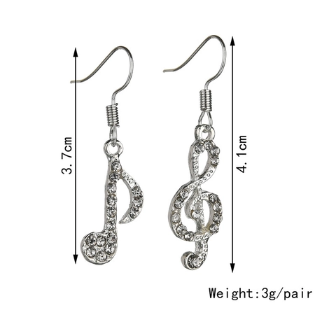 Pendientes Colgantes Asimétricos Nota Musical Clave de Sol de Aleación Diamante de Imitación Color Plata para Mujer Joyería Elegante Geométrica