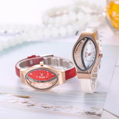 Fashion Women Quartz Watch Oval Rose Gold Alloy Case Flowing Rhinestones Faux Leather Strap Elegant Ladies Wristwatch