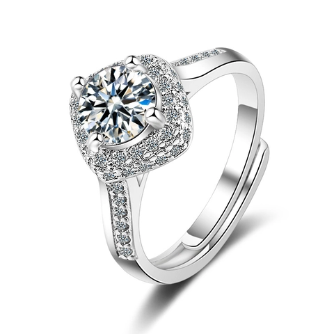 Elegant Adjustable Halo Setting Round Zirconia Copper Open Ring For Women Silver Tone Geometric Fashion Commuter Jewelry
