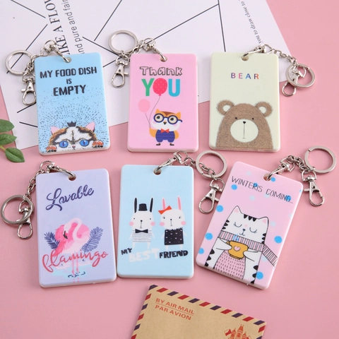 Cartoon Animal Card Holder Keychain Plastic PVC For Student Bus ID Card Protection Kawaii Cat Bear Flamingo Patterns