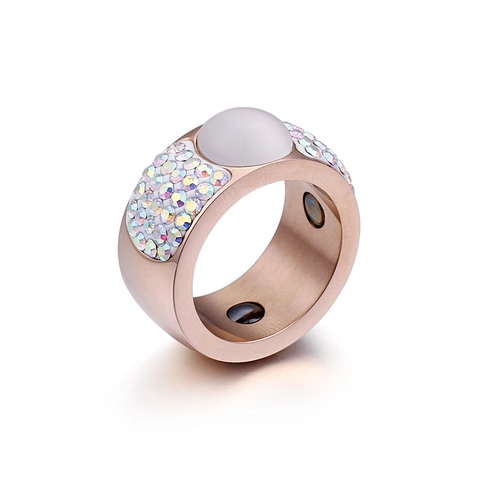 Rose Gold Stainless Steel Ring With Cat Eye Stone Multi Color Rhinestones Magnetic Health Therapy Wide Band