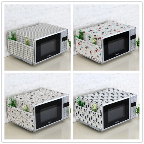 Microwave Dust Cover Protective Cloth Linen Fabric With Side Storage Pockets Lace Trim Cartoon Cat Plaid Prints Kitchen Appliance Protector