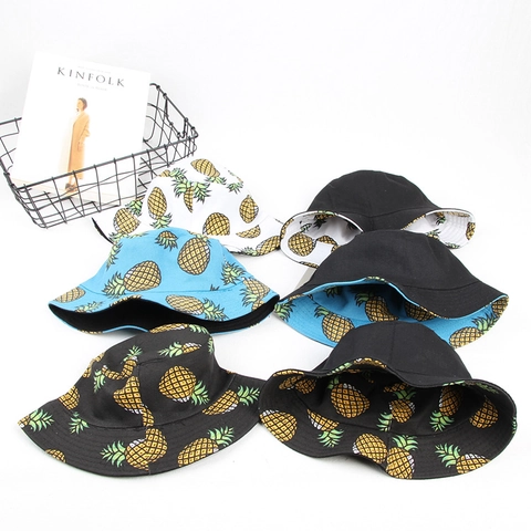Chapeau Bob Réversible Imprimé Ananas Mélange Coton Protection Solaire Été Casual Unisexe