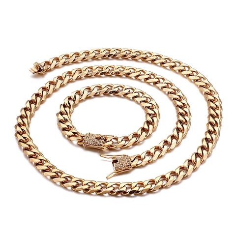 Collar Y Pulsera De Cadena Cubana Acero Inoxidable Con Circonita CZ Chapado En Oro Joyas Hip Hop Street Style Para Hombre