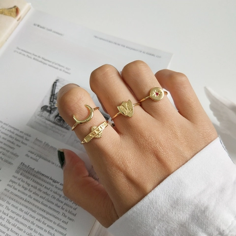 Adjustable Open Rings 925 Sterling Silver Gold Plated Retro Starlight Moon Shield Letter Baby Jewelry Women