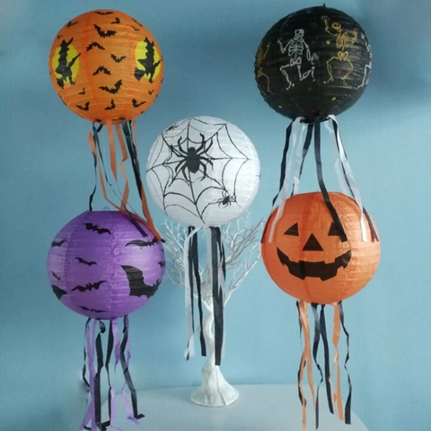Halloween Paper Lanterns Foldable Hanging Decorations Pumpkin Bat Spider Pattern Round Decor For Bar Home Party