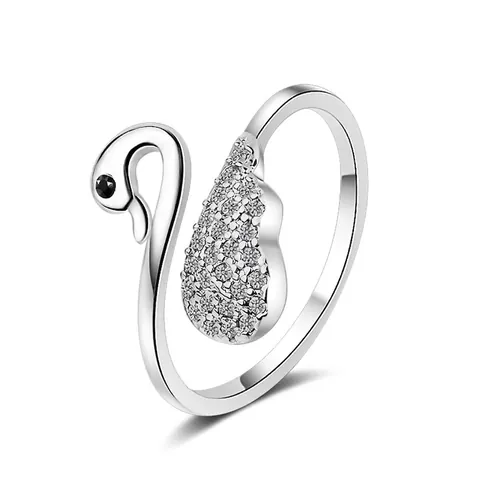 Anello Abierto Ajustable Elegante de Cobre Chapado en Oro Blanco Forma de Cisne Para Mujeres Joyería de Zirconia