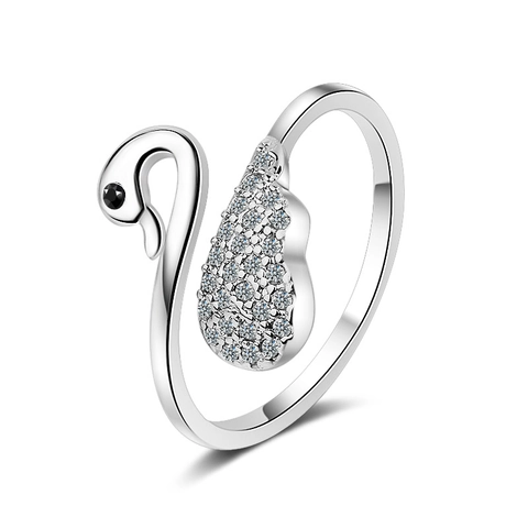 Anello Abierto Ajustable Elegante de Cobre Chapado en Oro Blanco Forma de Cisne Para Mujeres Joyería de Zirconia